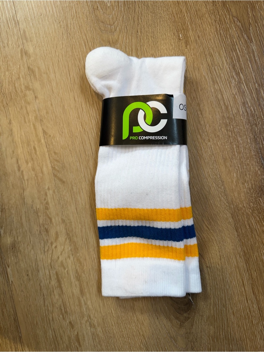 White Compression Socks with Yellow & Blue Stripes